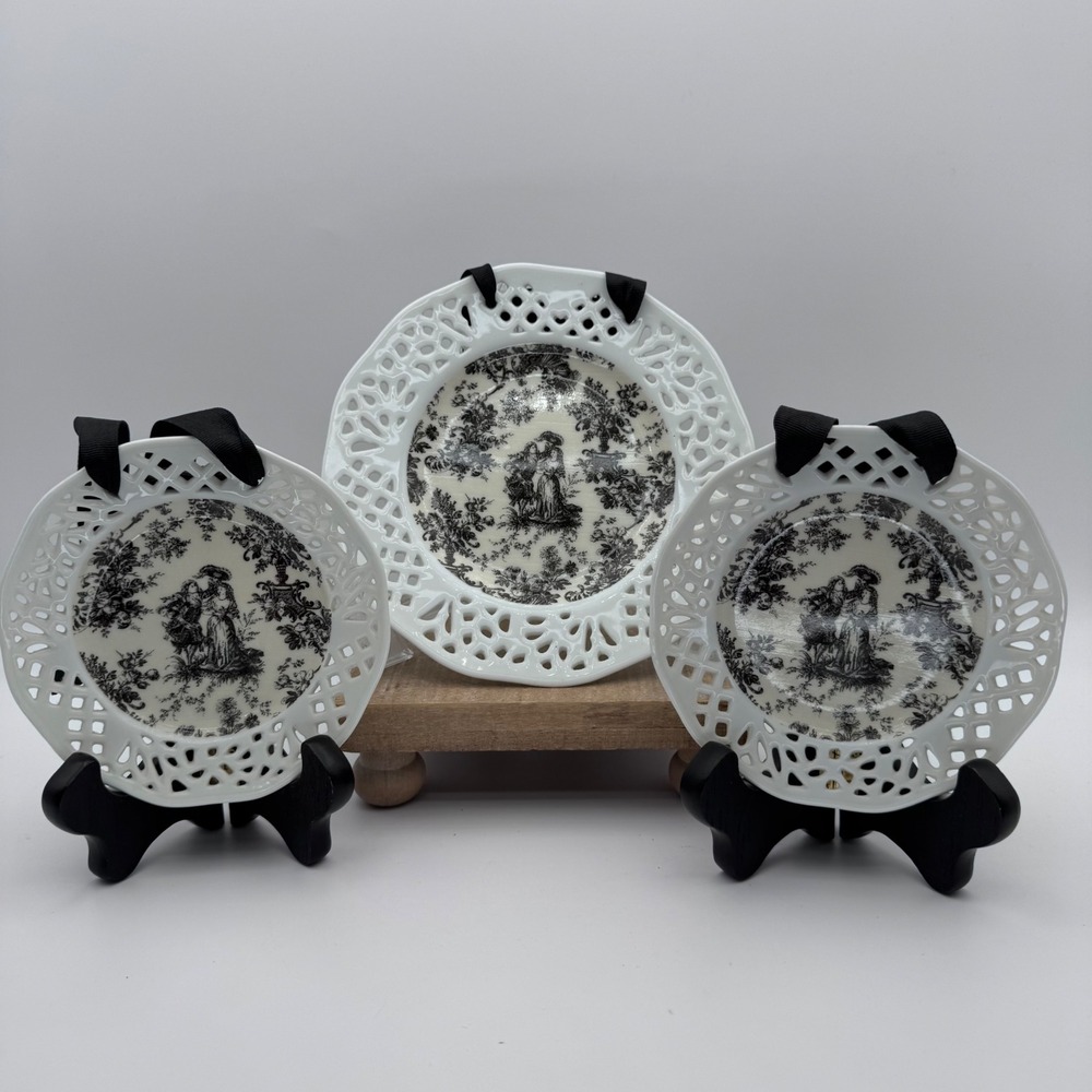 3pc Black White Toile Decorative Wall Hanging Plates Reticulated Pierced Border
